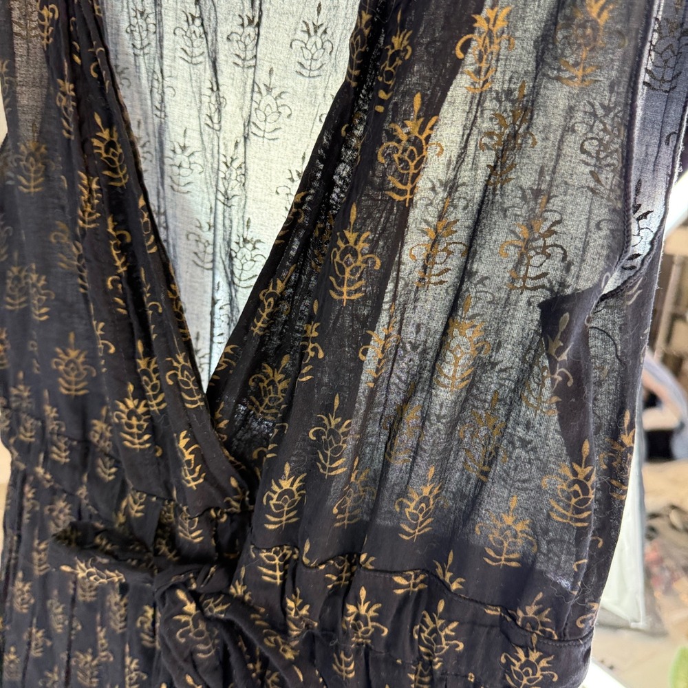 CP Shades Julia Dress Womens Small Navy Blue Gold Silk Cotton Block Print Midi - Picture 9 of 15